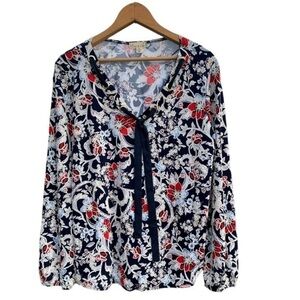 Emi & Joe Navy Blue, Red & White Floral Top Size XL V Neck Long Sleeve Top